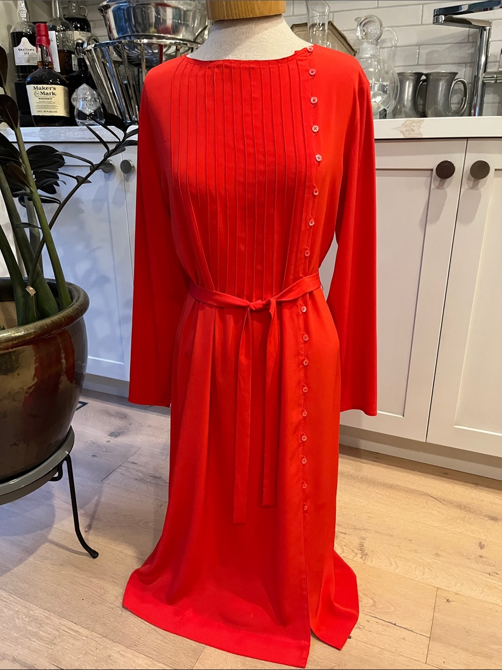 Lanvin Vintage beautiful red pintucked bodice long sleeve midi dress